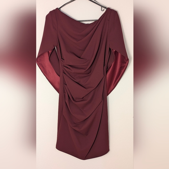 BETSY & ADAM Cape Sleeve Draped Sheath  Dress Burgundy Size US 2 Petite RP$199 - Picture 3 of 16